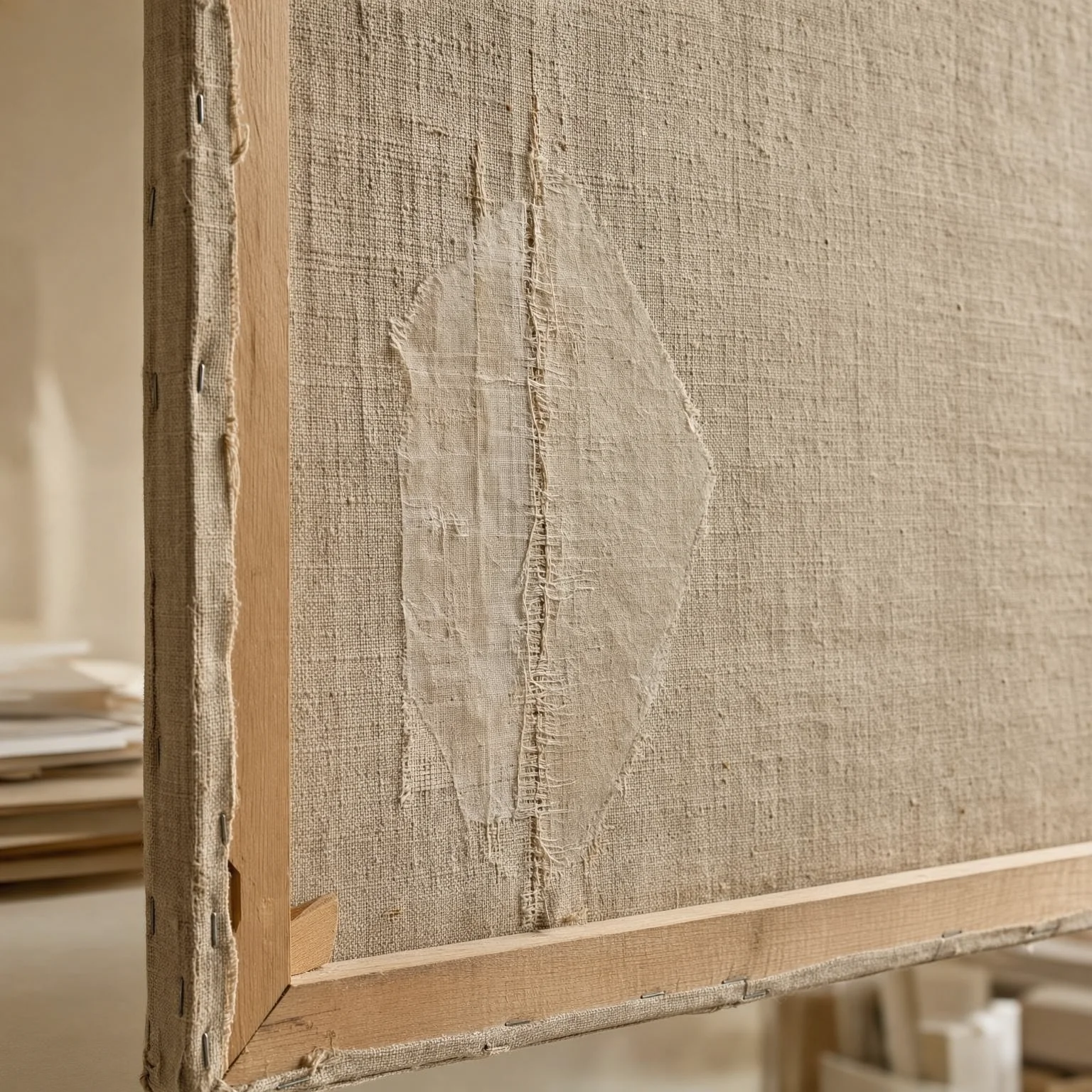 A torn painting canvas being restored
